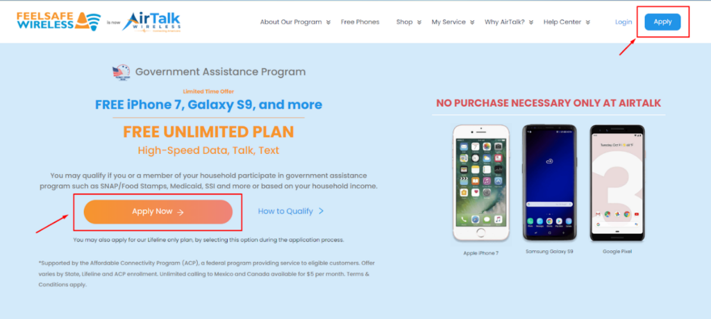 Go to AirTalk Wireless website to apply for free phones for low income
